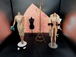 961 1963 BARBIE DOLL EVENING SPLENDOUR COAT FUR TRIM,  DRESS, HEELS, PEARLS, GLOVES, CLUTCH ,NO HAT